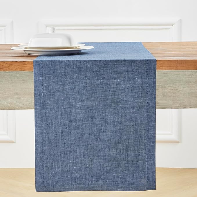 Solino Home Linen Table Runner 156 Inches Long - Athena, 100% Pure Linen Blue Denim Dining Table Runner 14 x 156 Inch for Spring, Summer