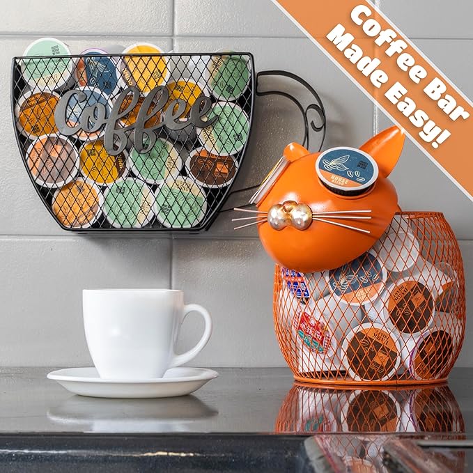 Made Easy Kit Cat Coffee Pod Holder Basket – Metal K-Cup Organizer for Countertop Coffee Bar – Cute Kitchen Décor Storage for Keurig Pods, Creamers & Capsules (25 Pod Capacity)