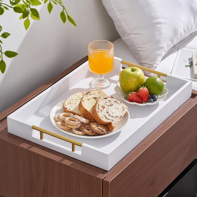 Serving Tray for Ottoman - 17"x12" Large Wood and Faux Leather Decorative Tray for Coffee Table Platter, Living Room Decor, Bathroom - Rectangle Tray with Gold Polished Metal Handles