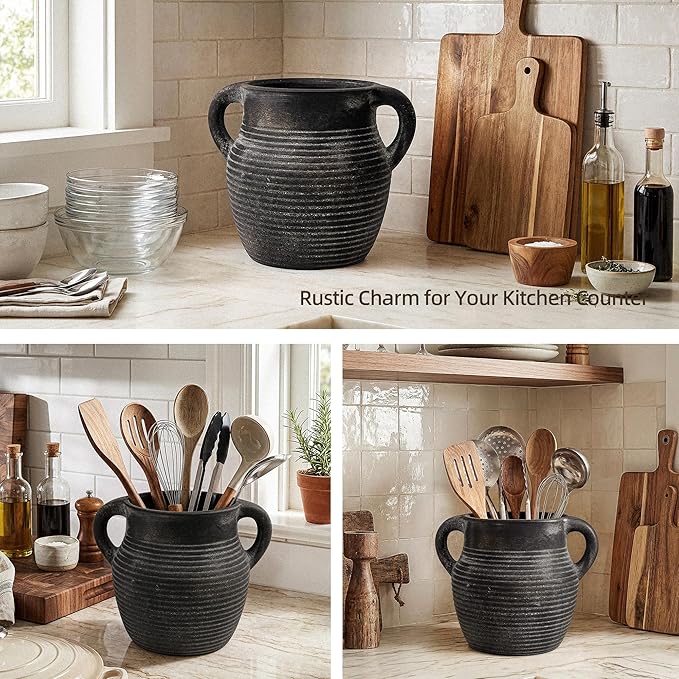 Rustic Utensil Holder for Kitchen Counter - Large Ceramic Farmhouse Cooking Utensil Crock & Organizer for Spatula, Spoon-Vintage Kitchen Decor (Charcoal)