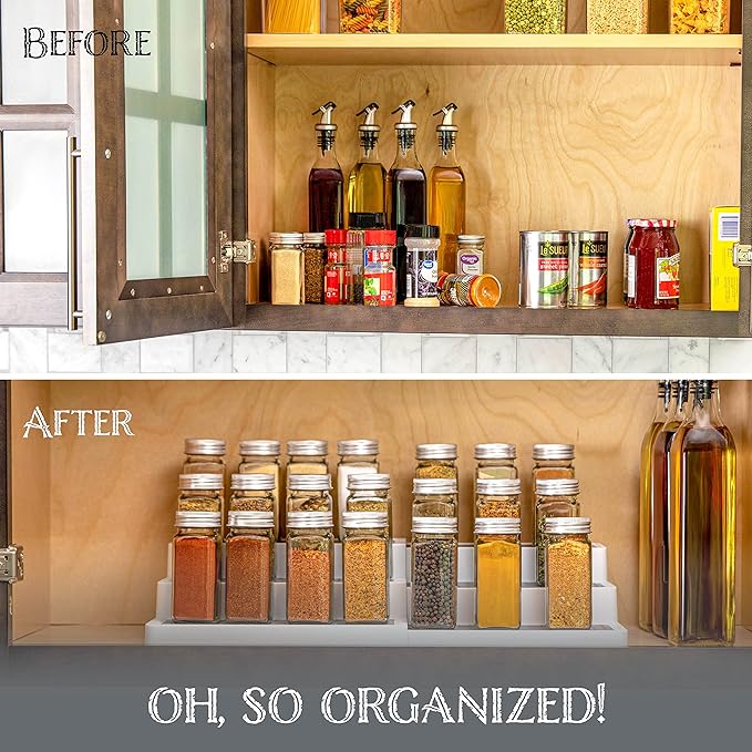 Oizeir 3–Tier Expandable Plastic Spice Rack - Adjustable Length, Stability with Non-Skid Shelf, Three Tiers for Easy Visibility, Organizer for Kitchen Cabinet, Pantry or Countertop, White/Grey