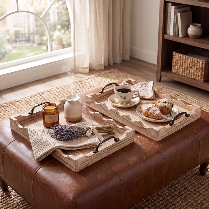4 Pcs Rustic Wood Scalloped Serving Tray Wood Decorative Serving Tray with Handle Rustic Rectangular Platter 13 x 9.5 for Farmhouse Ottoman Breakfast Coffee Table Home Kitchen Decor(Burnt)