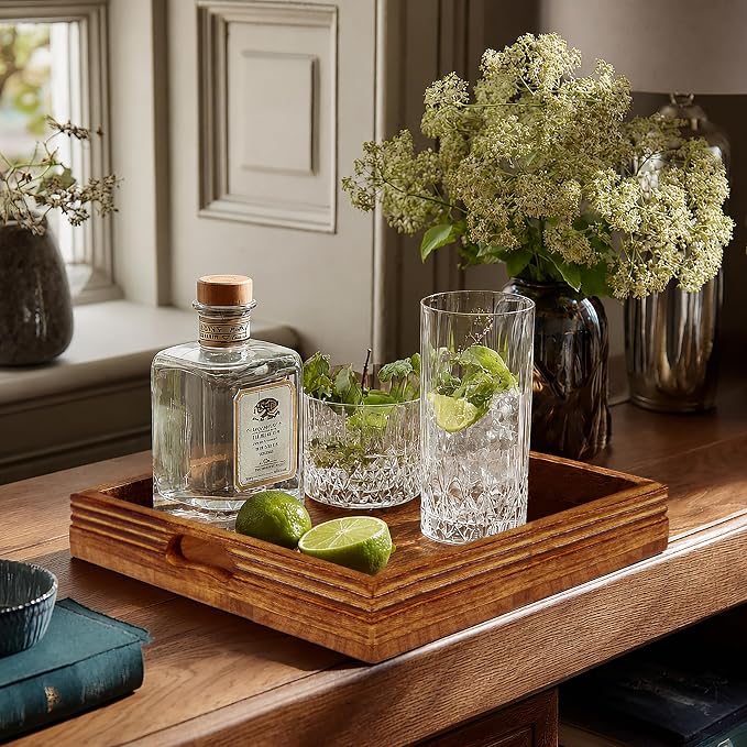 Croft&Cane Solid Wood Serving Tray - 13 x 13 Inch Square Decorative Ottoman Tray - Hand-Carved Ribbed Design - Natural Wood Tray with Handles for Coffee Table, Kitchen, Breakfast & Home Décor