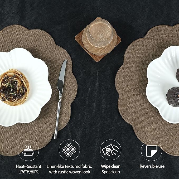 AHHFSMEI Round Faux Linen Placemats Set of 6 Heat Resistant Non-Slip Stain Proof Table Mats for Kitchen Dining Elegant Decor Place Mats (Brown,6)