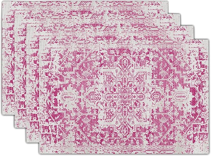 Gray Hot Pink Boho Placemats Set of 4 Ethnic Bohemian Carpet Place Mats Washable Kitchen Dining Vintage Grey Geography Floral Linen Table Mats Stain Heat-Resistant for Home Party Indoor 12x18 in