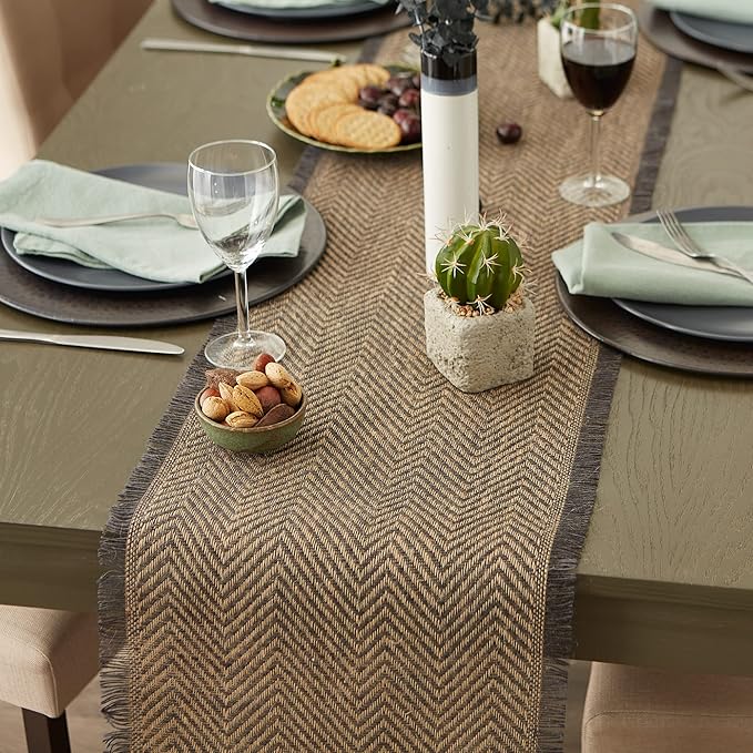 DII Jute Burlap Collection Kitchen Tabletop, Table Runner, 14x108, Chevron Gray