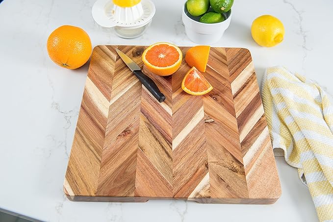 Lipper International Acacia Herringbone Square Cutting and Serving Board with Inset Handles for Chopping Meats, Fruits and Vegetables, 14" x 14" x 1" Thick