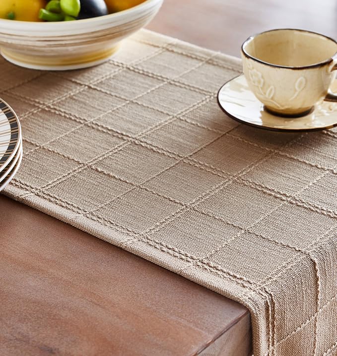 ZeeMart Linen Checked Farmhouse Table Runner, 13x72 Inches Taupe | Raised Grid Design, Rich Woven Texture, Linen Blend Table Runners 72 Inches Long, Machine Washable, Boho Home Kitchen Decor