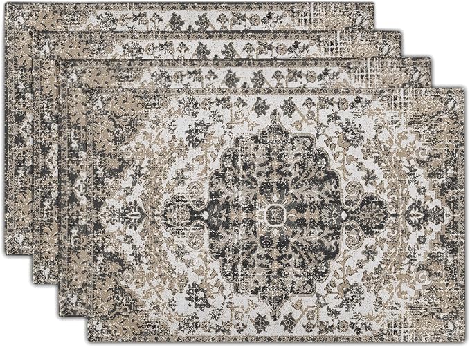 Ethnic Boho Placemats Set of 4 Bohemian Carpet Vintage Gray Floral Linen Washable Kitchen Dining Southwestern Table Mats Stain Heat-Resistant Desktop Decor Place Mats for Home Party Indoor 12x18 in
