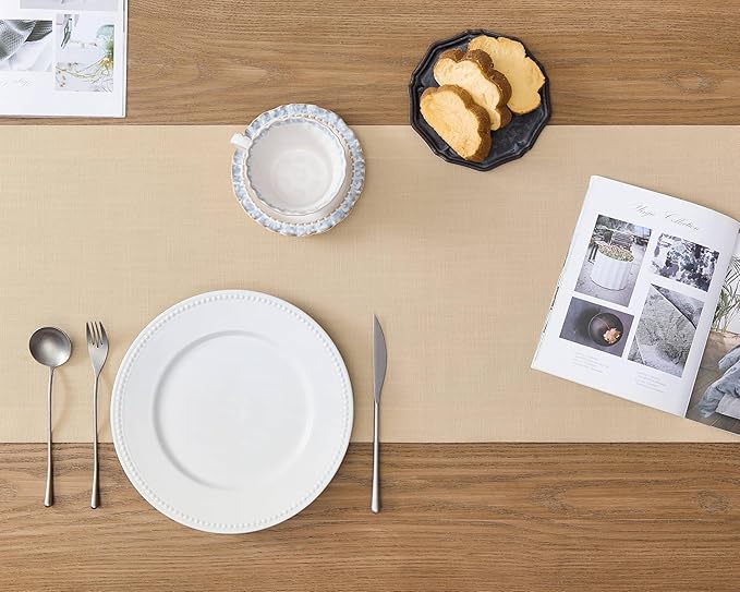 ZeeMart Linen Textured Border Table Runner, 14 x 108 Inch Oatmeal, Farmhouse Style Beige Table Runners 108 Inches Long, Easy Care Everyday Polyester Table Runner
