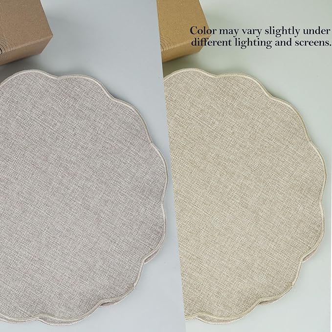 AHHFSMEI Round Faux Linen Placemats Set of 4 Heat Resistant Non-Slip Stain Proof Table Mats for Kitchen Dining Elegant Decor Place Mats (Linen Beige,4)