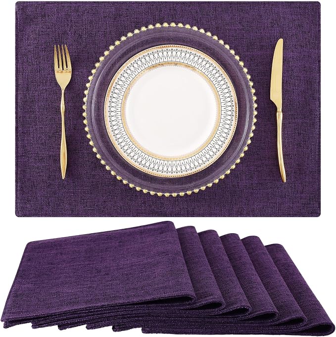 homing Faux Cotton Linen Placemats Set of 6, Cloth Washable Farmhouse Dining Table Mats for Indoors & Outdoors, Easy to Clean, Purple, 13 x 19 Inch