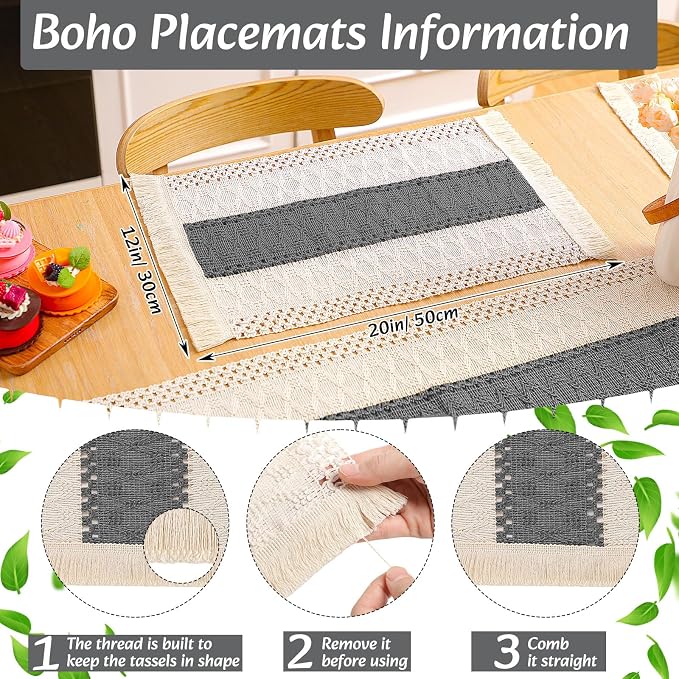Boho Placemats 4/6/8 Set of Round Woven Placemat Macrame Style Bicolor Stitching Long Table Runner Farmhouse Rustic Natural Burlap Cotton for Kitchen Dining Table (6 Sets,Gray,12x72)