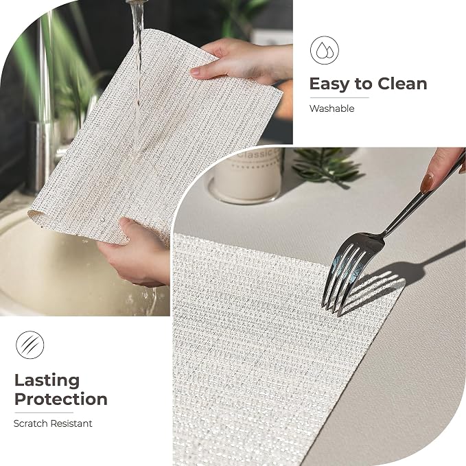 Leetaltree Sparkling White and Silvery Vinyl Woven Placemats Set of 6 - Durable - Washable - Wipeable Dining Table Place Mats, Suitable for Indoor & Outdoor Use - Hand-Cut