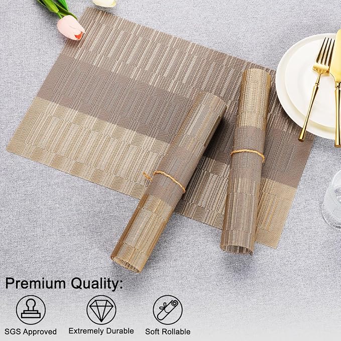 Placemats Set of 6, Vinyl Woven Place Mats Indoor Set of 6 Washable Wipeable PVC Table Mats Heat-Resistant Non Slip Plastic Placemat for Kitchen Dining Outdoor Table (Gray Gold, Set of 6)