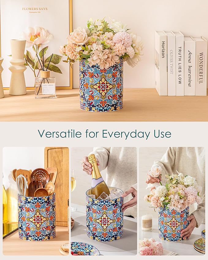 vancasso SIMI Utensil Holder, 7.3"+5.5" Porcelain Kitchen Utensil Holder for Countertop, Bohemian Kitchen Utensil Organizer for Spatulas, Spoons, Decorative Counter Utensil Crock, Twilight Bloom