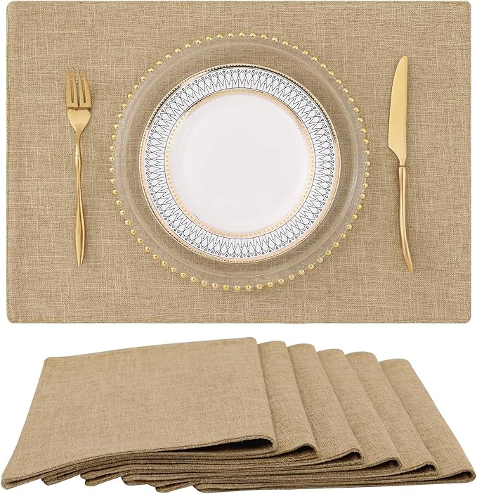 homing Faux Cotton Linen Placemats Set of 6, Cloth Washable Farmhouse Dining Table Mats for Indoors & Outdoors, Easy to Clean, Linen, 13 x 19 Inch