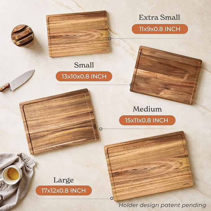 SMIRLY Acacia Wood Cutting Boards for Kitchen - Wood Cutting Board for Meal Prep, Serving, Charcuterie - Kitchen Gadgets, House Warming Gifts - Wooden Chopping Board Set of 4 with Holder