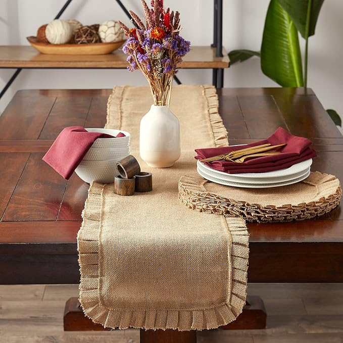 DII Jute Burlap Collection Kitchen Tabletop, Table Runner, 14x108, Ruffle Trim Natural