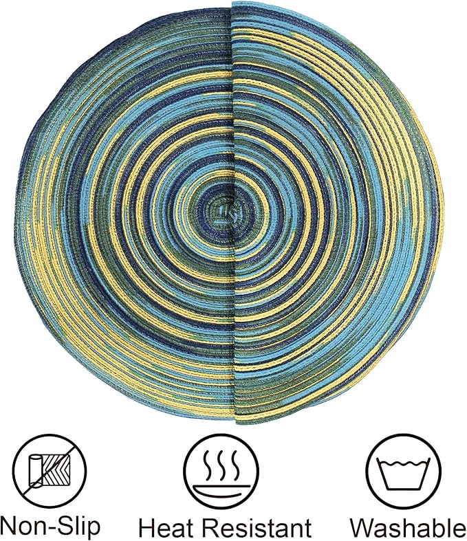 DOZZZ Round Placemats Farmhouse Boho Placemats 15 inch Set of 6 Braided Colorful Rainbow Woven Heat Resistant Place Mats Table Mats Blue 1 Pack