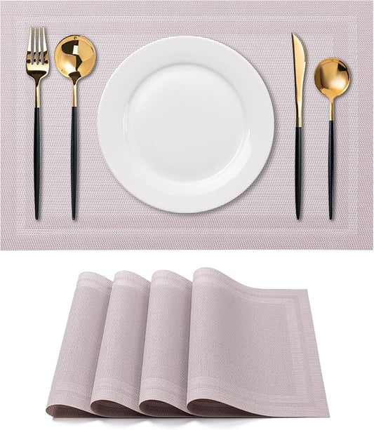CADONO Placemats Set of 4 Washable Indoor/Outdoor Vinyl Place Mats for Dining Table Durable Non-Slip Heat Resistant PVC Weave Table Mats（Simple Style-Silver-Gray）