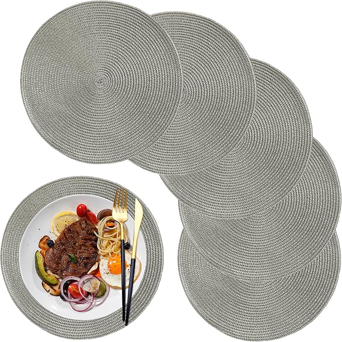 Round Placemats for Dining Table Set of 6,12.6 Inch Small Circle Place Mats Washable Heat Resistant Table Mats Gray 32CM