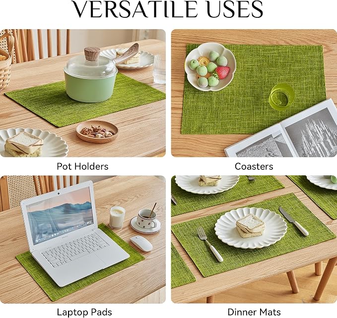 Softalker Faux Linen Placemats Set of 6-12 x 18 Inch, Heat Resistant Double Layered Durable Burlap Farmhouse Place Mats, Non-Slip Washable Rustic Table Mats for Dining, Kitchen, Party（Lime Green