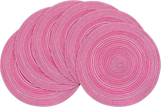 Floroom 15 Inch Round Braided Placemats Set of 6, Washable Heat Resistant Cotton Polyester Circle Place Mats for Kitchen Dining Table - Berry Pink
