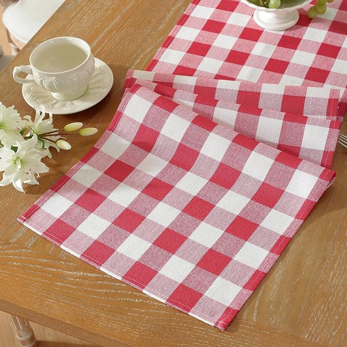 Laolitou Red Checkered Table Runner, Cotton Linen Gingham Table Runners, Classic Buffalo Plaid Farmhouse Table Decor, 13x72 Inches