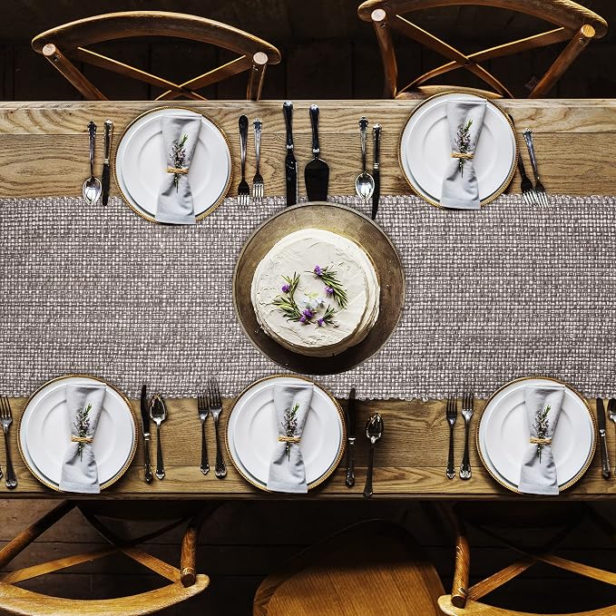 Urban Villa Two Tone Table Runner - 100% Cotton, Brown/Ivory, 14''x72'' with Fringes, Perfect for Kitchen, Dining, BBQs and Everyday Use