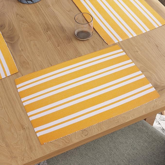 Encasa XO Dining Placemat Set of 6 | Franca Yellow Stripes Color | Fine Ribbed Cotton Table mat | Size 18x13 in | Machine Washable