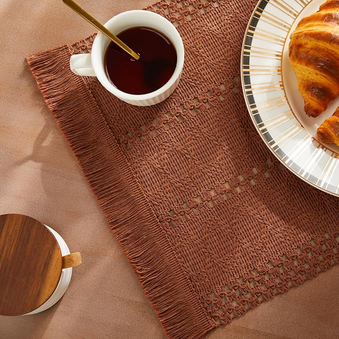 ZeeMart Macrame Style Boho Placemats Set of 6, Terracotta 12x20 Inch | Decorative Farmhouse Table Mats, Natural Cotton Woven Place Mats, Bohemian Home Decor for Kitchen Dining Table