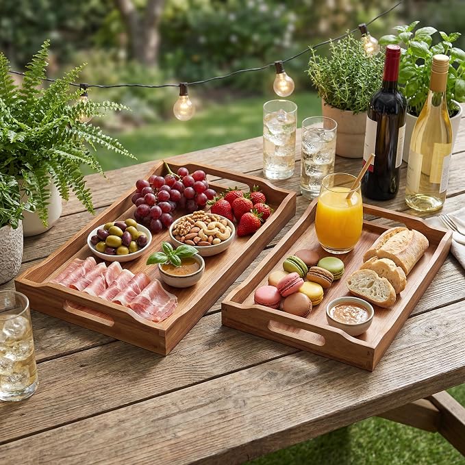 2 Pack Acacia Wood Serving Trays - Rectangular Food-Grade Wooden Trays for Kitchen, Dining, Party, Breakfast, Snack & Decor