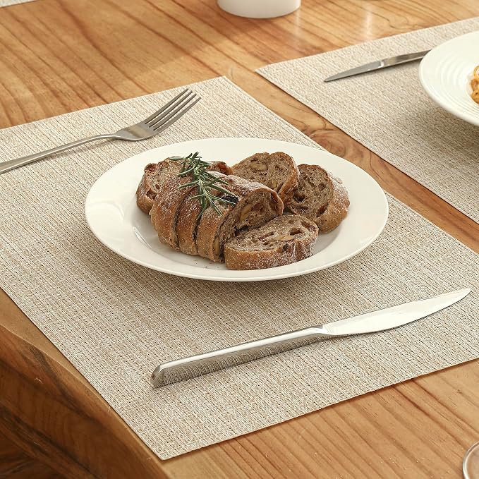 Leetaltree Beige Placemats Set of 4 - Heat-Resistant, Non-Slip Table Mats, Washable Woven Vinyl for Indoor & Outdoor Dining