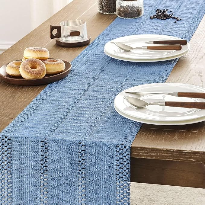 Niviy Boho Table Runner for Blue Tassel Home Decor 108 Inches Long, Modern Farmhouse Decor Rustic Macrame Cotton Linen Woven Coffee Table Runners for Dining Table Decoration, Blue