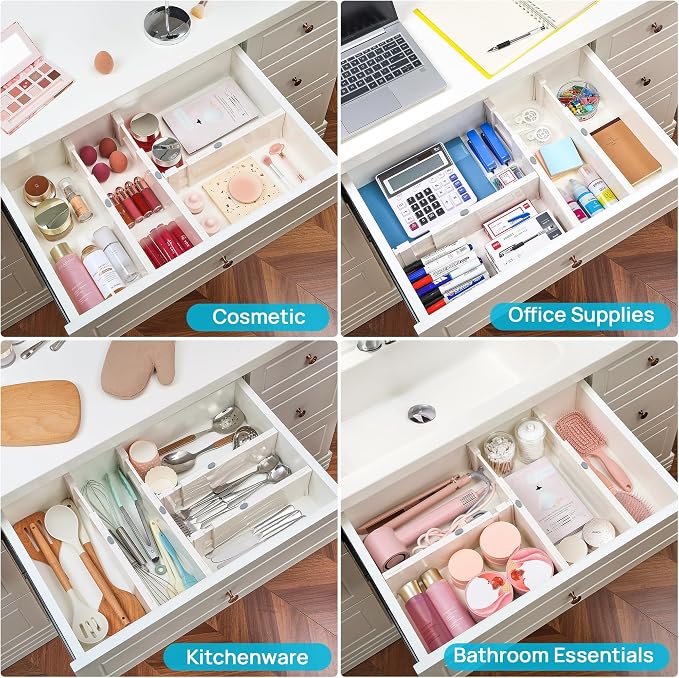 Vtopmart 4 Pack Drawer Dividers for Clothes, 4" High 11.3"-17" Adjustable Expandable Dresser Drawer Organizer, Plastic Drawers Separators for Dresser, Baby Clothes, Underwear, Kitchen & Office Storage