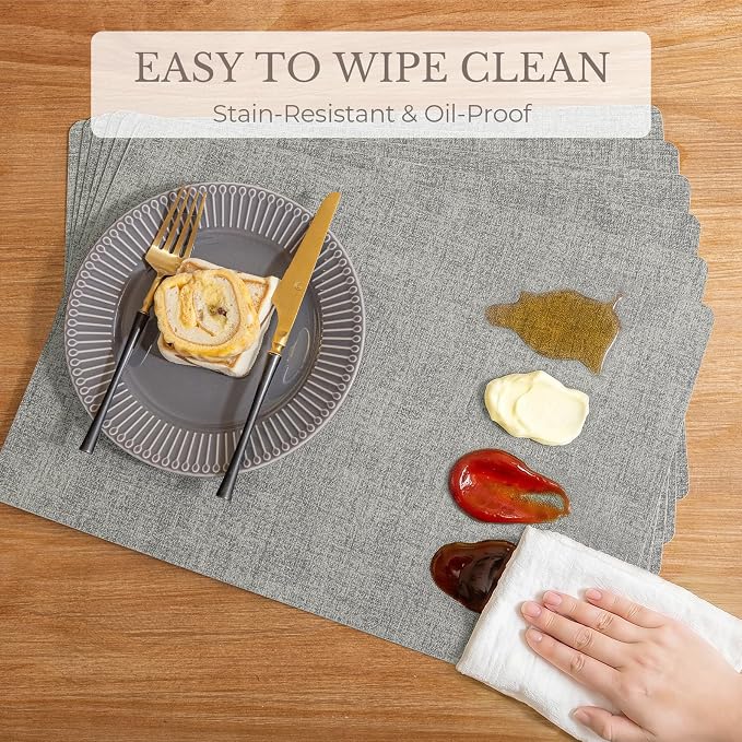 Romanstile Vinyl Placemats Set of 12-12 X 17 Inch - Faux Leather 100% Waterproof Wipeable Anti Slip Place Mats, Heat Resistant Reversible PU Table Mats for Kitchen Dining Party Outdoor, Light Grey