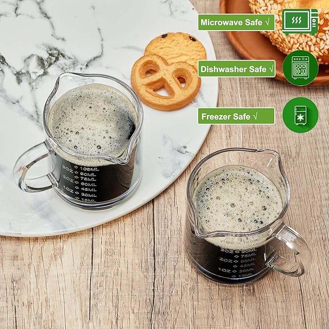 Ackers Etched Scale Espresso cup with Handle, Thickened Bottom and Wall, Double V-Shaped Spout,4OZ Milk Frothing Pitcher,120ML Milk Cup with Handle, Espresso Accessory (Pack of 2)