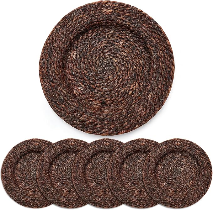 LemonRoad 13 Inch Boho Placemats Set of 6 Large Round Farmhouse Chargers Plate Mats Cattail Weave Woven Table Mats for Dining Plates Rustic Home Kitchen Wedding Party Table Decor, Dark Brown