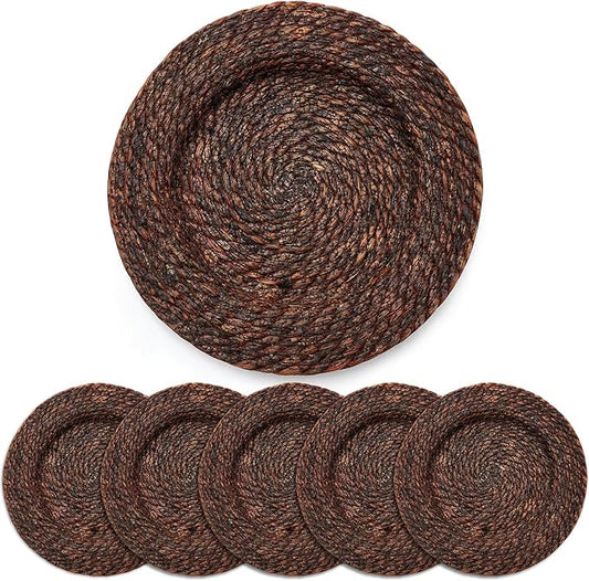 LemonRoad 13 Inch Boho Placemats Set of 6 Large Round Farmhouse Chargers Plate Mats Cattail Weave Woven Table Mats for Dining Plates Rustic Home Kitchen Wedding Party Table Decor, Dark Brown