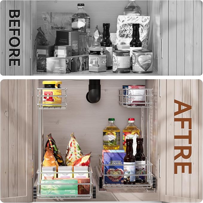 Under Sink Organizer 2 Packs, Pull Out Cabinet Organizer 2 Tier, Under Sink Slide Out Organizer Chrome Plated, Under Kitchen Bathroom Sink Organizer, Pantry Cabinet Closet Organization Rack, 9"W X19"D