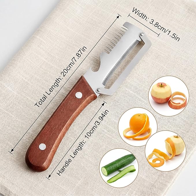 Vegetable Peeler with Bottle Opener - 2PCS Veggie Peeler with Wooden Handle, Multifunctional Potato Peeler with Scallion Shredder, Fruit Peeler for Kitchen, Camping, Travel