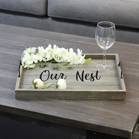 Elegant Designs HG2000-RGO Decorative Wood Serving Tray w/Handles, 15.50" x 12", Our Nest (Pack of 4)