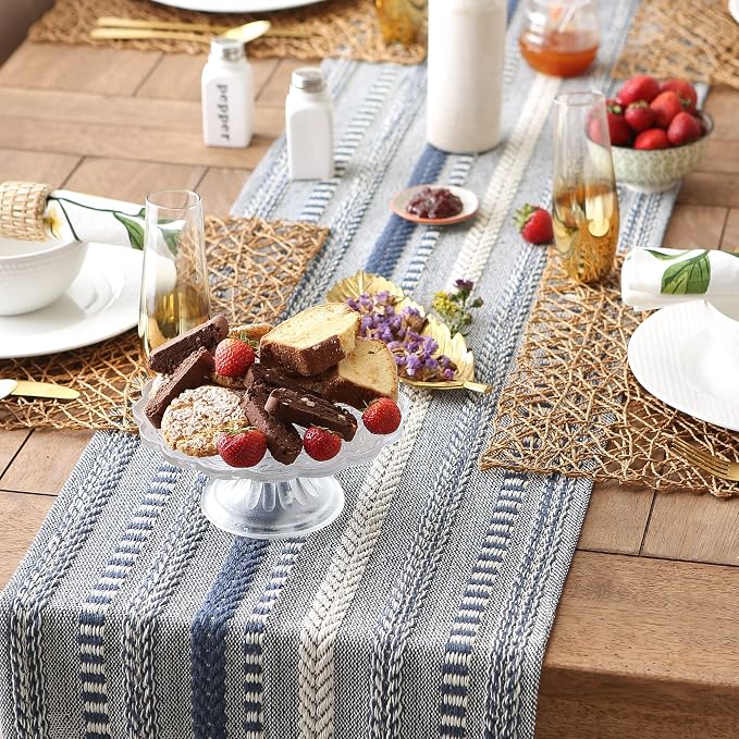 DII Farmhouse Braided Stripe Table Runner Collection, 15x108 (15x113, Fringe Included), French Blue