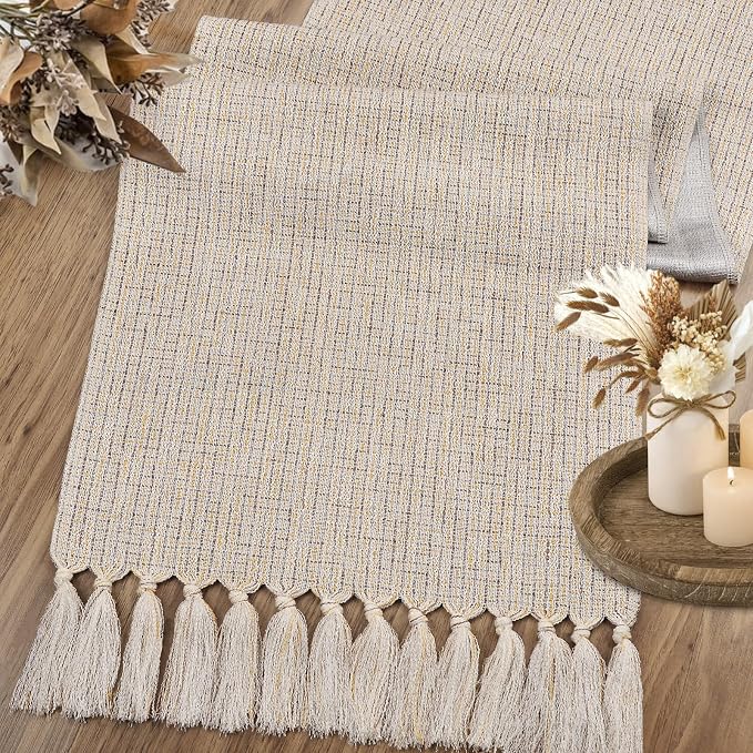 yuboo Boho Dresser Runner for Bedroom 36 Inch, Short Table Runner with Tassels, Small Farmhouse Dresser Top Cover for Nightstand, End Table, Coffee Table, Rustic Beige Bedroom Decor