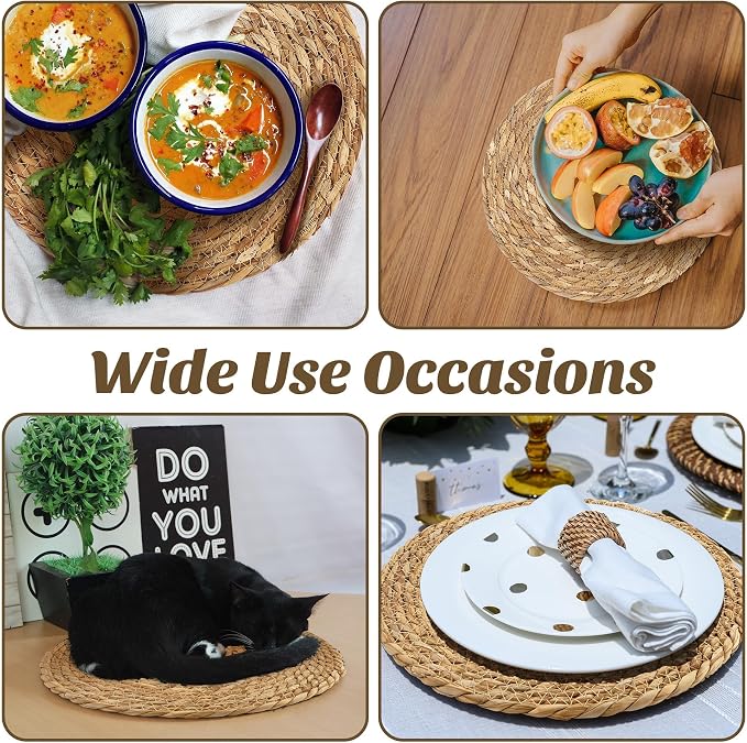 Kochorie Set of 60 Round Woven Placemats 13.8 Inches Bulrush Placemats Natural Hand-Woven Boho Rattan Placemat Wicker Table Mats Farmhouse Weave Place Mats for Home Dining