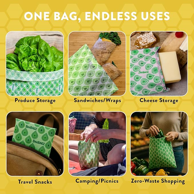 BeeBAGZ - 1 Pack - Beeswax Wrap Storage Bag - Plastic and Silicone Free - Reusable Beeswax Food Wraps Bags(1, 11” x 14” (Green)