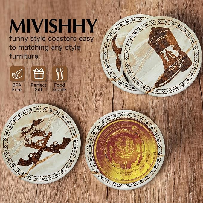 Western Desert Cowboy Coasters for Drinks,Vintage Western Absorbent Coaster for Home Decor,6PCS Stone and Cork Coasters Set with Holder for Coffee Table,Home Living Ideas Gift for Men Women