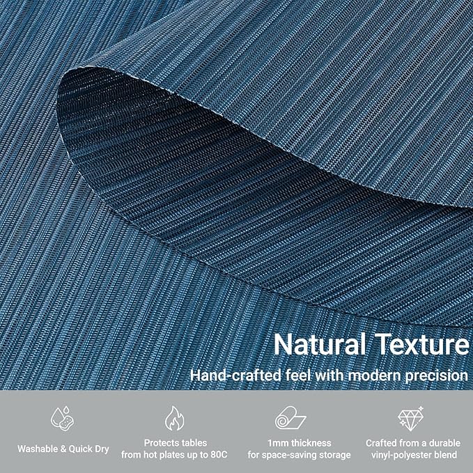AHHFSMEI Oval Placemats Set of 6 Woven Vinyl Non-Slip Heat Resistant Stain Resistant Easy Clean Place mats for Dining Table(Blue)