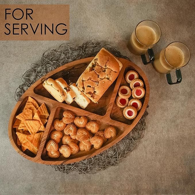 Large Wooden Divided Serving Tray – 16x10 inch Acacia Wood Platter with 4 Compartments for Snacks, Appetizers, Chips and Dips – Rustic Charcuterie Board, Chrsitmas, New Year, Thanksgiving